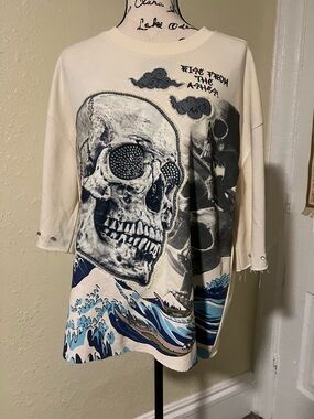 BLEECKER & MERCE GraphicSkull & Wave Tee - Rhinestone Details L